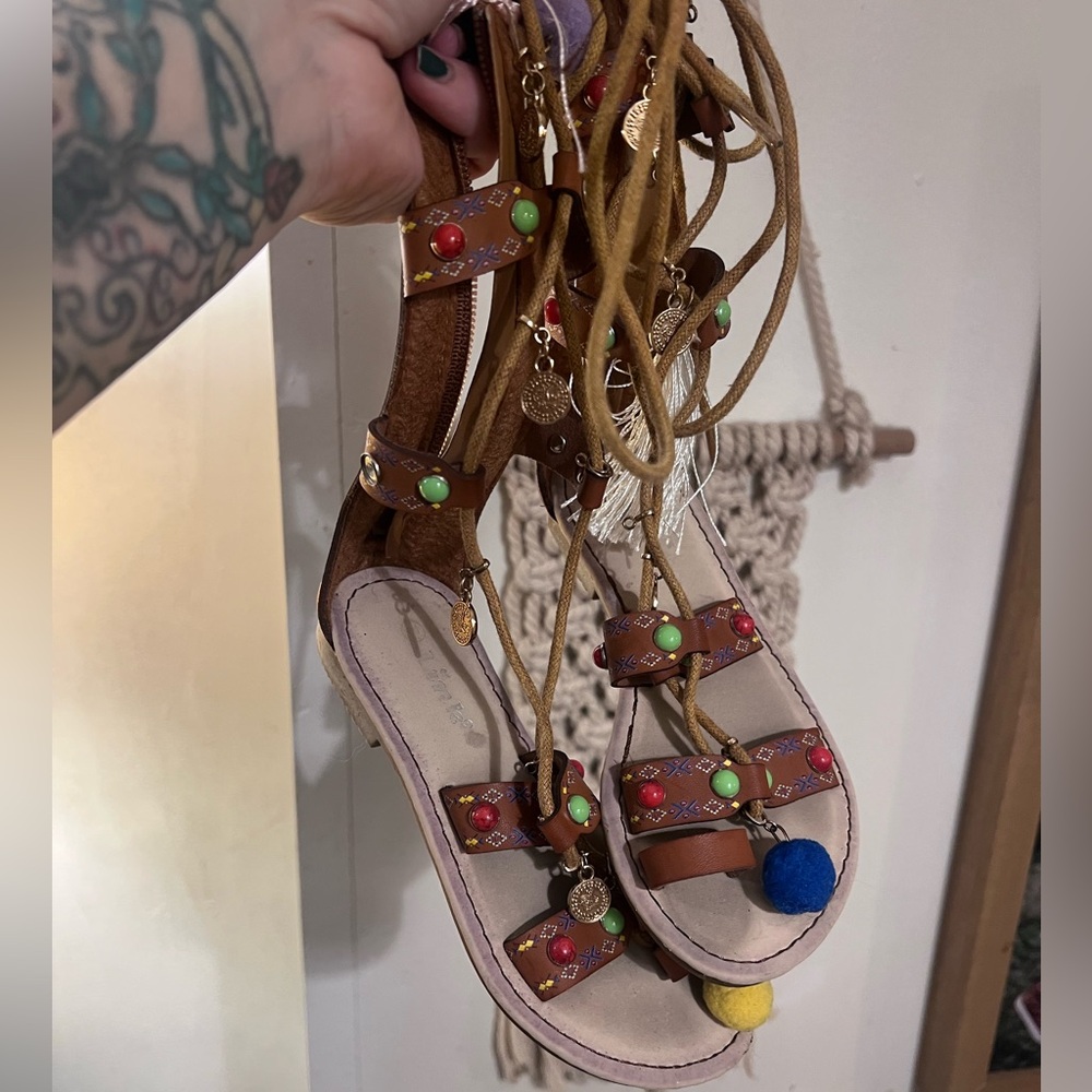 Girls Brown Beaded Lace-Up Gladiator Sandals